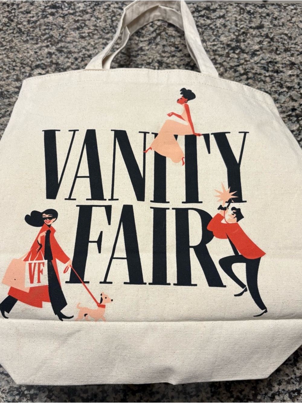 Vanity Fair Cream Canvas Tote with Black & Coral Illustrations